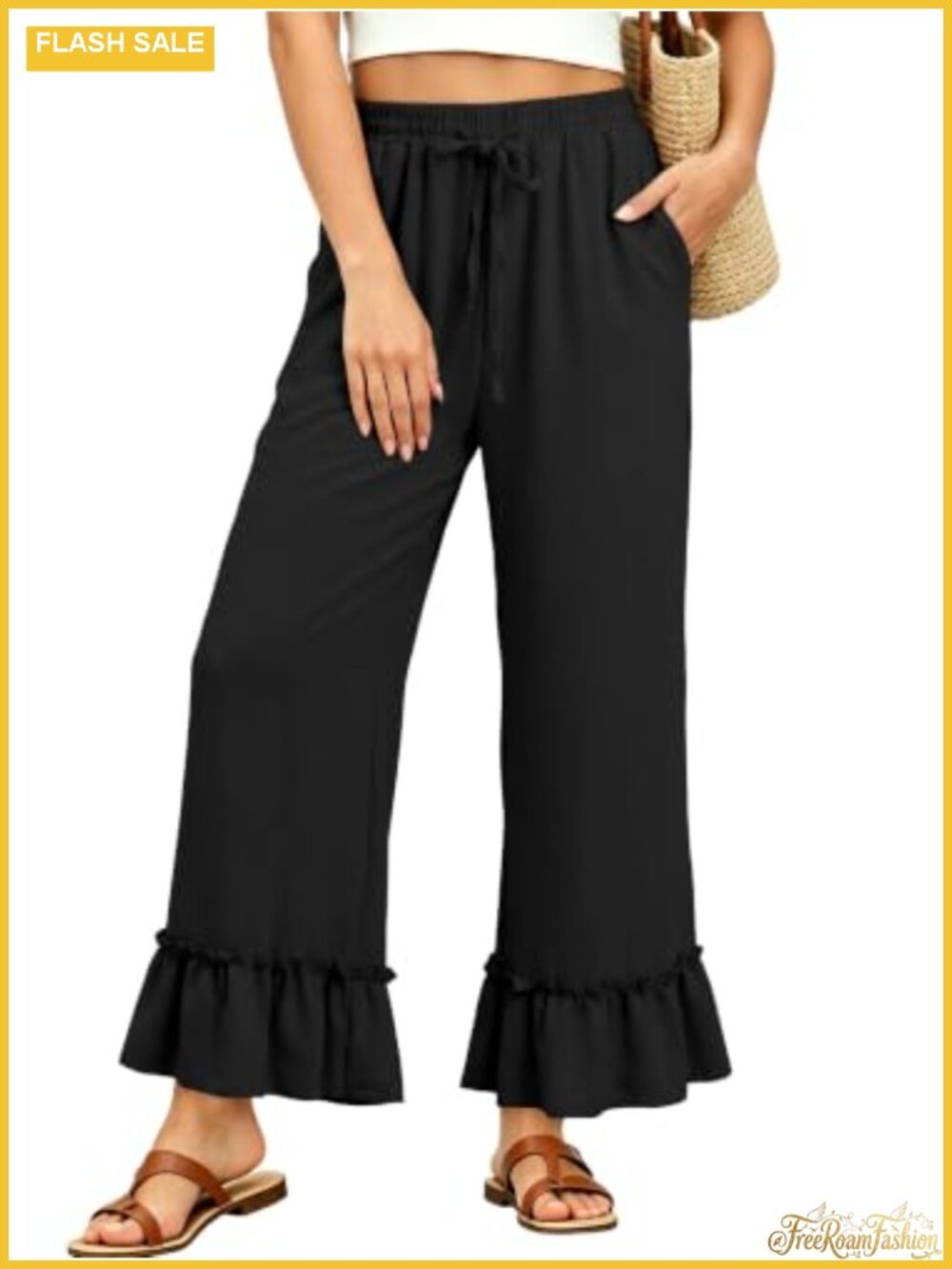 Women's Wide Leg Palazzo Pants Ruffle Hem Trousers with Pockets